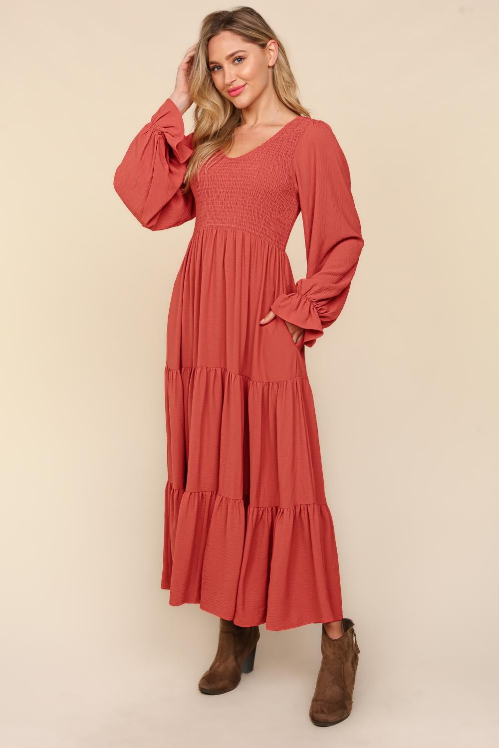 Smocking Maxi Woven Dress with Side Pockets in Marsala